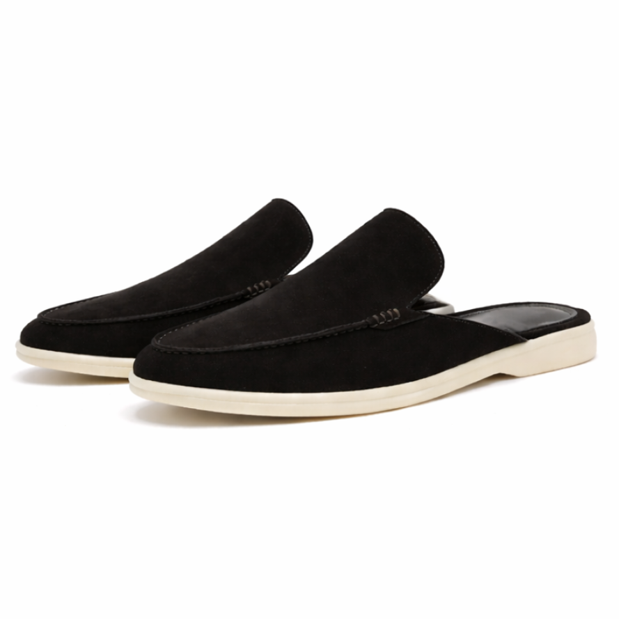 Men's Backless Loafer Slip-On Mules | Black Open-Back Summer Shoes with White Sole