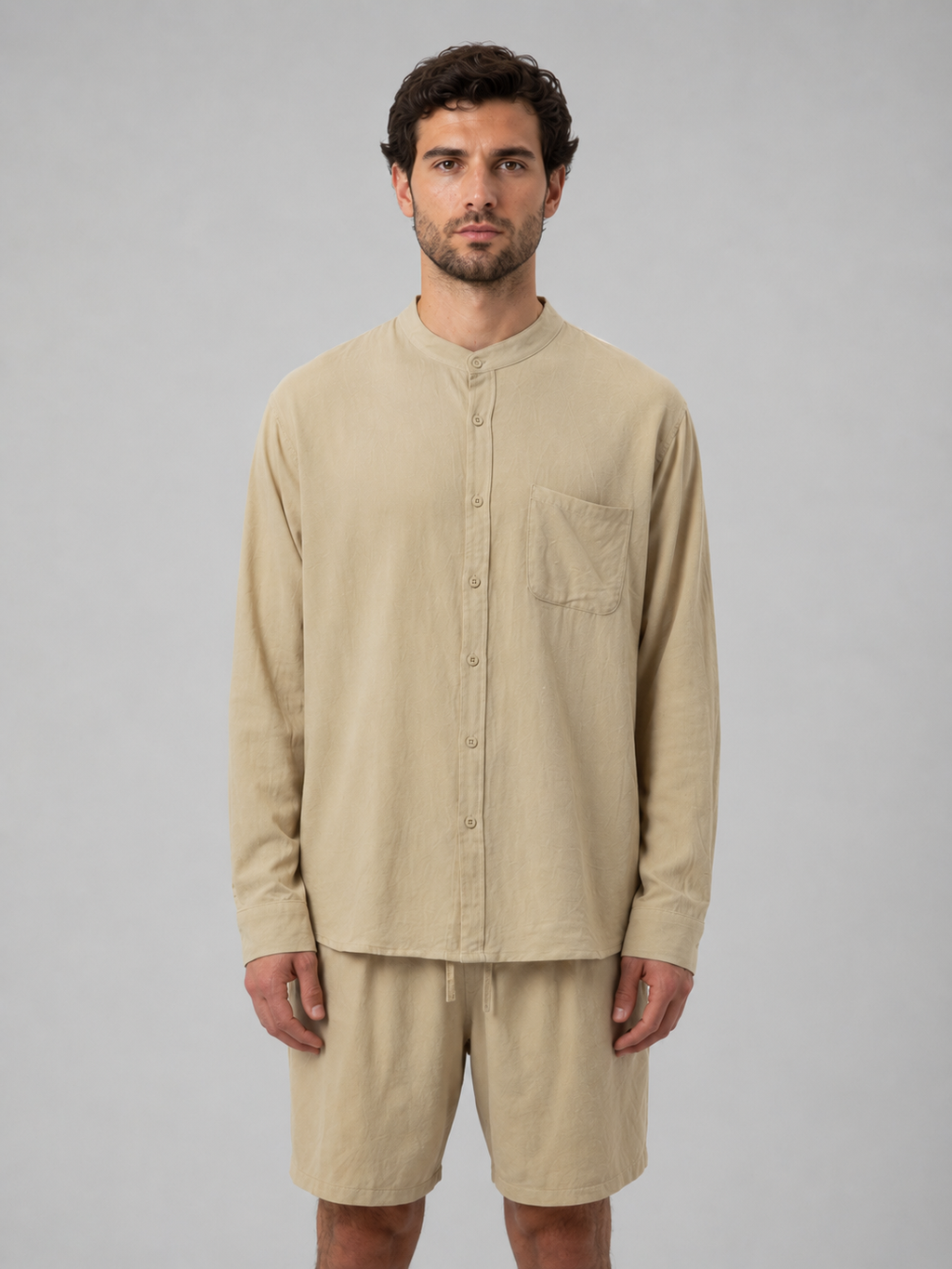 Men's Band-Collar Shirt Set | Chest Pocket · Faylori