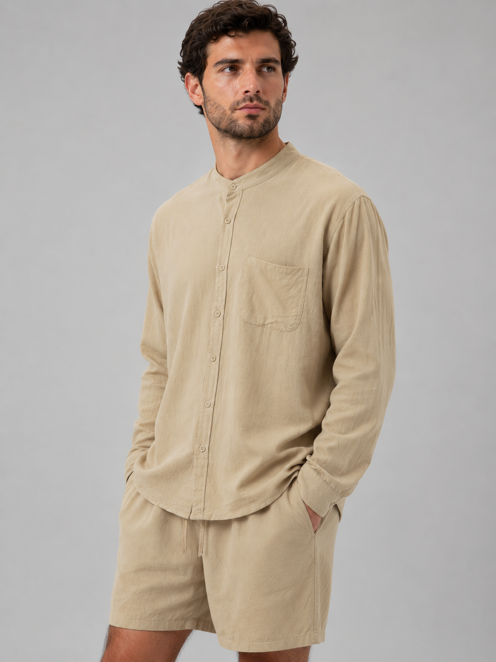Men's Band-Collar Shirt Set | Chest Pocket · Faylori