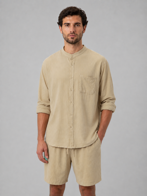 Men's Band-Collar Shirt Set | Chest Pocket · Faylori