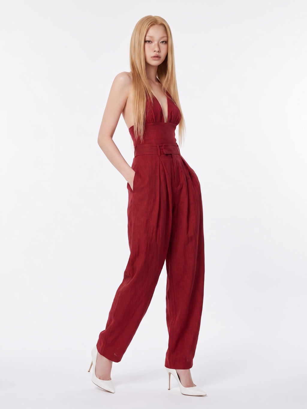 Vivienne | Women's Plunge-Neck Jumpsuit | Pleated Waist · Faylori