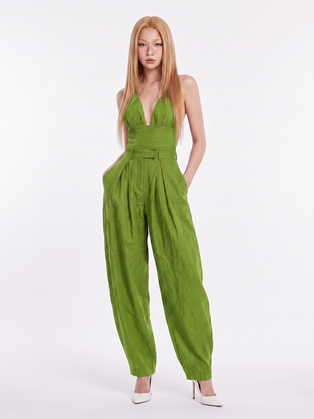 Vivienne | Women's Plunge-Neck Jumpsuit | Pleated Waist · Faylori