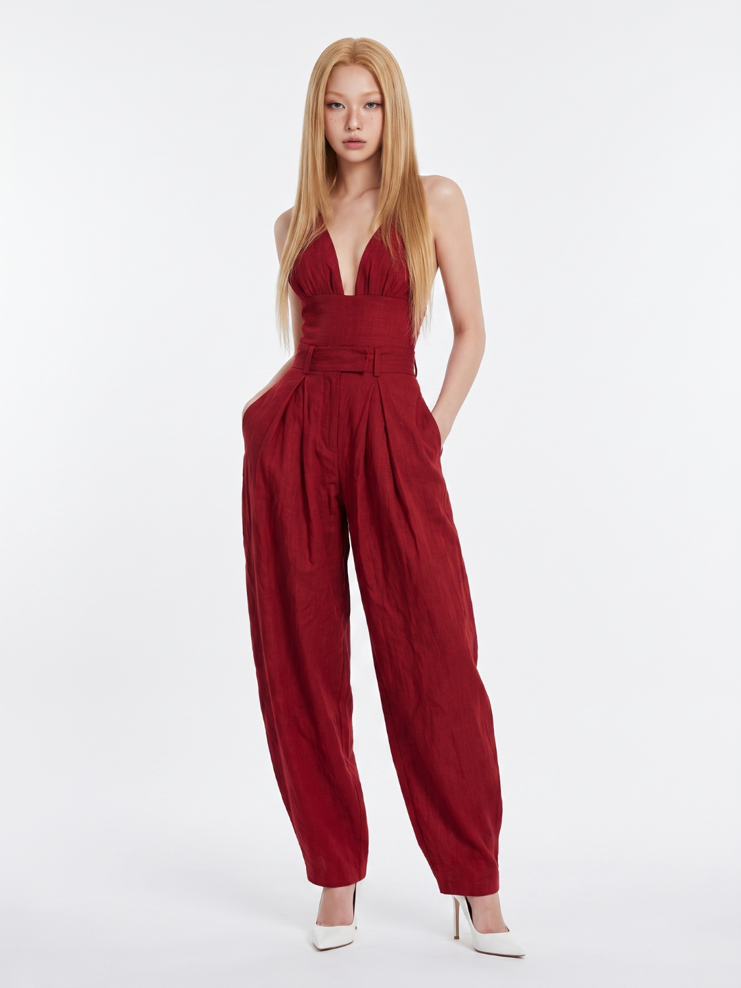 Vivienne | Women's Plunge-Neck Jumpsuit | Pleated Waist · Faylori