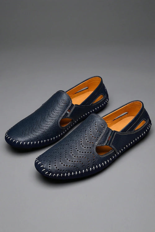 William Men's Perforated Slip-On Summer Loafers | Summer Driving Loafers | Navy Cut-Out Slip-On