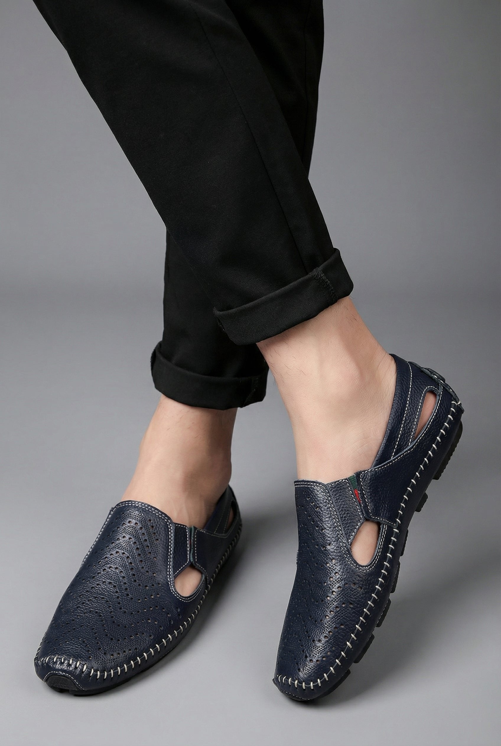 William Men's Perforated Slip-On Summer Loafers | Summer Driving Loafers | Navy Cut-Out Slip-On