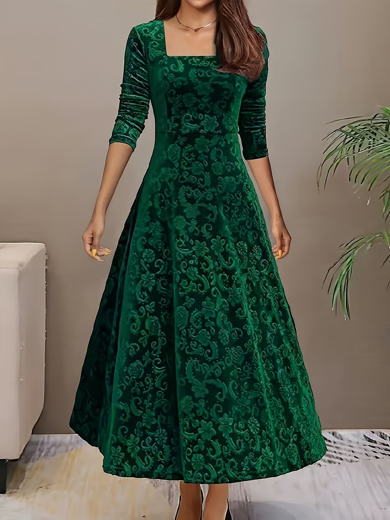 Women's Square-Neck Midi Dress | Floral Embossed · Faylori