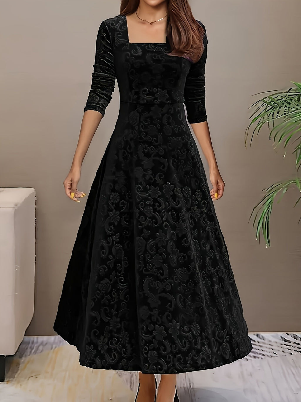 Women's Square-Neck Midi Dress | Floral Embossed · Faylori
