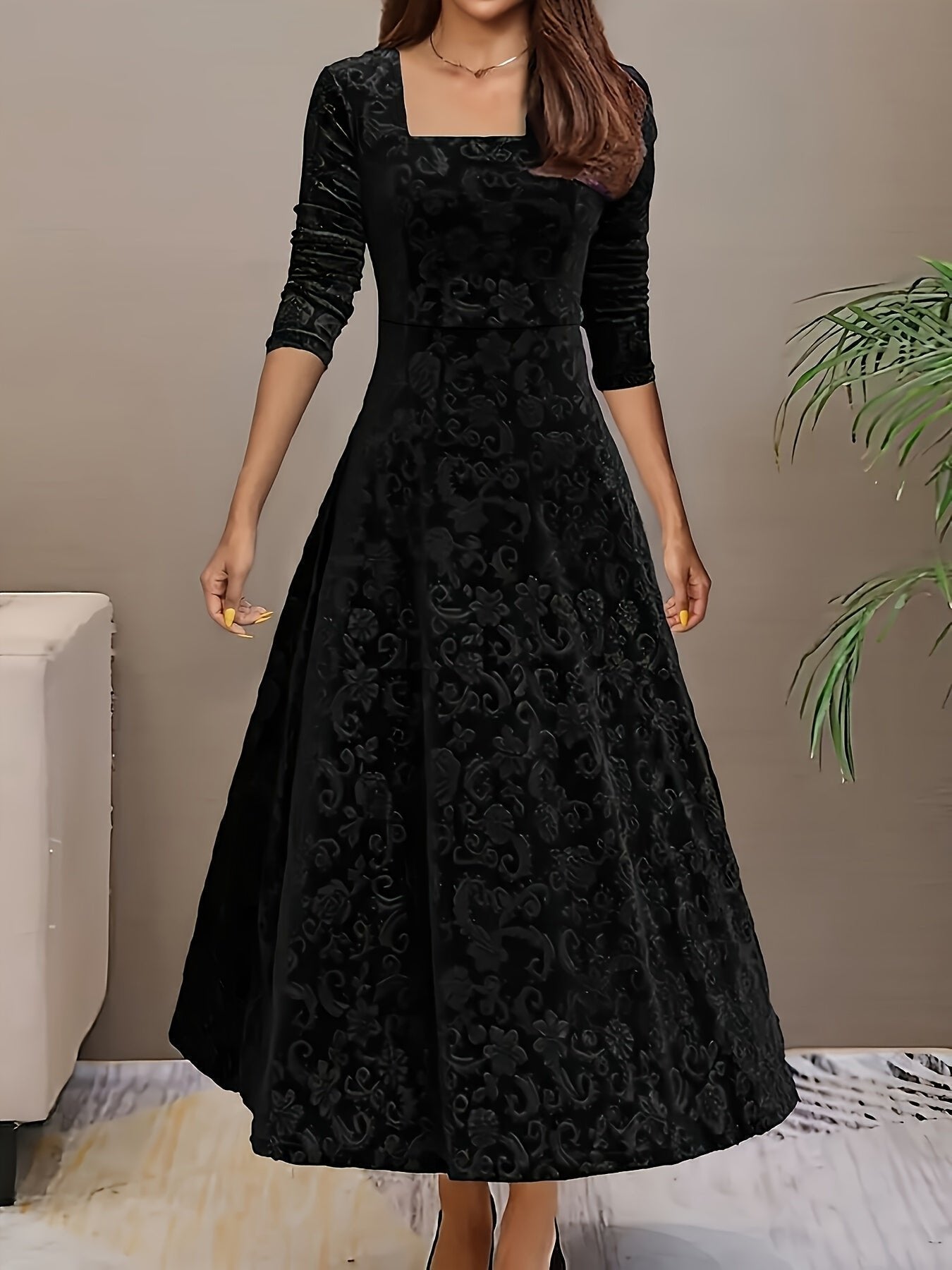 Women's Square-Neck Midi Dress | Floral Embossed · Faylori